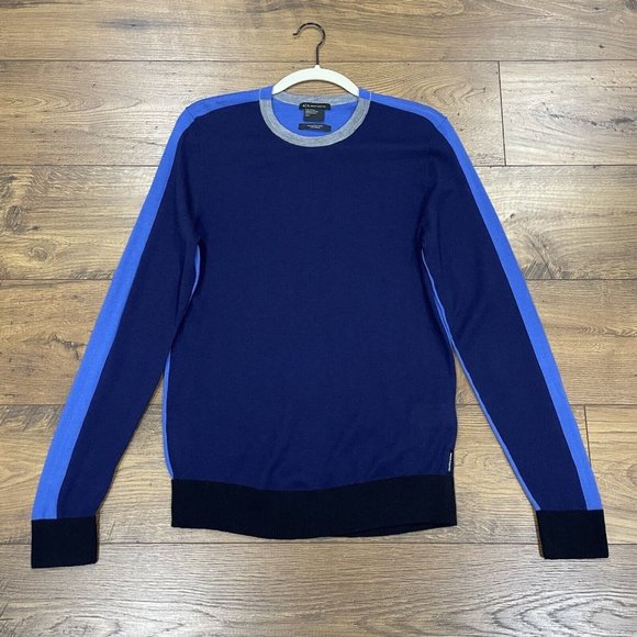 Armani‎ Exchange Sweater Mens Small 100% Merino Wool Blue Colorblock Pullover - Picture 1 of 10